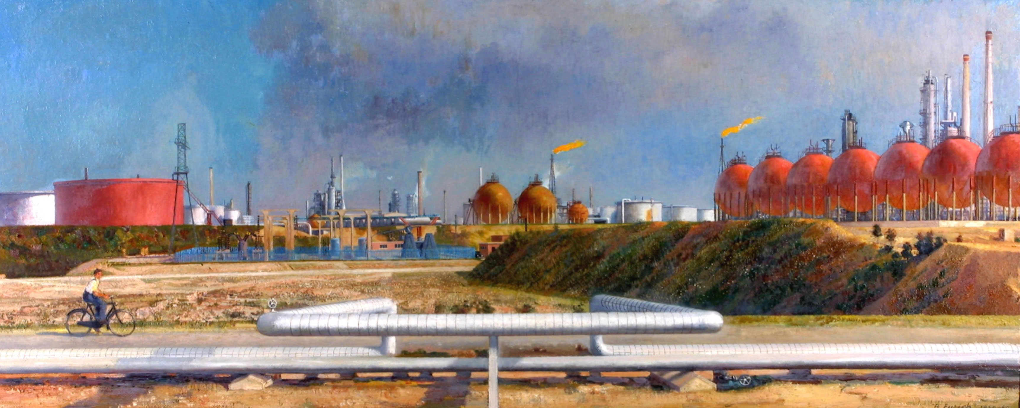 Richard Eurich, A Refinery Scene (The Seven Sisters) 1959-60 © 2024 Richard Eurich Paintings Ltd. https://richardeurich.co.uk/works/a-refinery-scene/